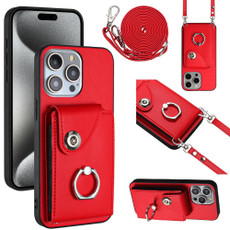 For iPhone 12 Pro Organ Card Bag Ring Holder Phone Case with Long Lanyard(Red)