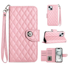 For iPhone 13 Rhombic Texture Flip Leather Phone Case with Lanyard(Pink)