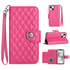 For iPhone 15 Rhombic Texture Flip Leather Phone Case with Lanyard(Rose Red)