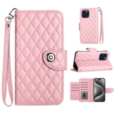 For iPhone 14 Pro Max Rhombic Texture Flip Leather Phone Case with Lanyard(Pink)