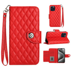 For iPhone 14 Pro Max Rhombic Texture Flip Leather Phone Case with Lanyard(Red)