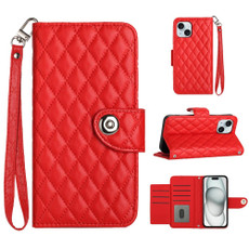 For iPhone 14 Rhombic Texture Flip Leather Phone Case with Lanyard(Red)