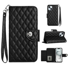 For iPhone 15 Plus Rhombic Texture Flip Leather Phone Case with Lanyard(Black)