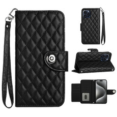 For iPhone 13 Pro Rhombic Texture Flip Leather Phone Case with Lanyard(Black)