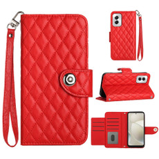 For Motorola Moto G Power 5G 2024 Rhombic Texture Flip Leather Phone Case with Lanyard(Red)