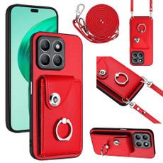 For Honor X8b 4G Organ Card Bag Ring Holder Phone Case with Long Lanyard(Red)