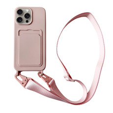 For iPhone 15 Pro Card Slot Liquid Silicone Phone Case with Lanyard(Light Pink)