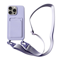 For iPhone 14 Pro Card Slot Liquid Silicone Phone Case with Lanyard(Light Purple)