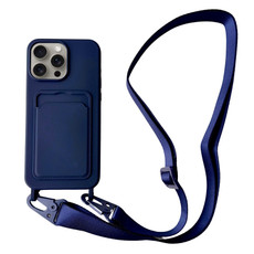 For iPhone 15 Pro Max Card Slot Liquid Silicone Phone Case with Lanyard(Dark Blue)