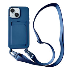 For iPhone 14 Card Slot Liquid Silicone Phone Case with Lanyard(Royal Blue)