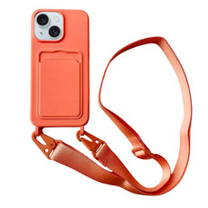 For iPhone 14 Plus Card Slot Liquid Silicone Phone Case with Lanyard(Orange)