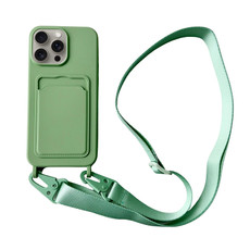For iPhone 14 Pro Card Slot Liquid Silicone Phone Case with Lanyard(Matcha Green)