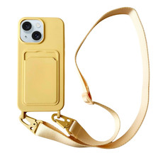 For iPhone 14 Card Slot Liquid Silicone Phone Case with Lanyard(Yellow)