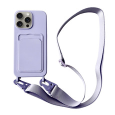 For iPhone 14 Pro Max Card Slot Liquid Silicone Phone Case with Lanyard(Light Purple)