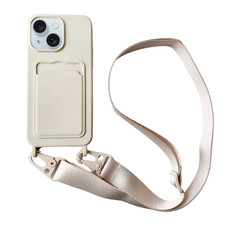 For iPhone 14 Card Slot Liquid Silicone Phone Case with Lanyard(White)