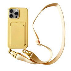 For iPhone 15 Pro Card Slot Liquid Silicone Phone Case with Lanyard(Yellow)