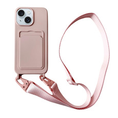 For iPhone 13 Card Slot Liquid Silicone Phone Case with Lanyard(Light Pink)