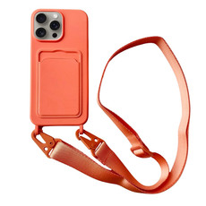 For iPhone 14 Pro Card Slot Liquid Silicone Phone Case with Lanyard(Orange)