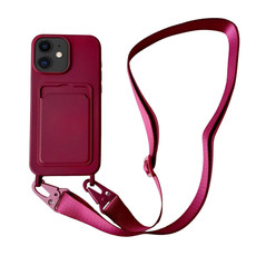 For iPhone 12 Card Slot Liquid Silicone Phone Case with Lanyard(Wine Red)