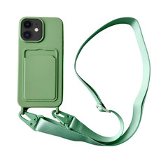 For iPhone 12 Card Slot Liquid Silicone Phone Case with Lanyard(Matcha Green)