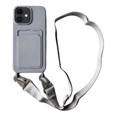 For iPhone 12 Card Slot Liquid Silicone Phone Case with Lanyard(Grey)