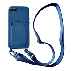 For iPhone 8 Plus / 7 Plus Card Slot Liquid Silicone Phone Case with Lanyard(Royal Blue)