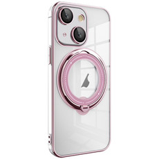 For iPhone 14 Electroplating MagSafe 360 Degree Rotation Holder Shockproof Phone Case(Pink)