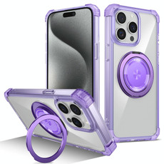 For iPhone 15 Pro Gold Shield CD Pattern MagSafe Magnetic Phone Case with Rotating Stand(Transparent Purple)
