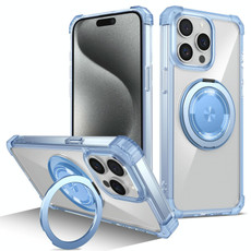 For iPhone 15 Pro Gold Shield CD Pattern MagSafe Magnetic Phone Case with Rotating Stand(Transparent Blue)