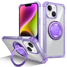 For iPhone 14 Gold Shield CD Pattern MagSafe Magnetic Phone Case with Rotating Stand(Transparent Purple)