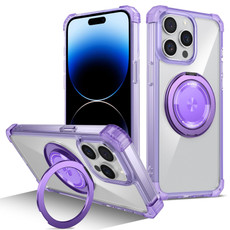 For iPhone 14 Pro Gold Shield CD Pattern MagSafe Magnetic Phone Case with Rotating Stand(Transparent Purple)