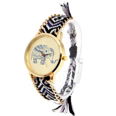 Round Dial Elephant Pattern Fashion Women Quartz Watch with Colorful Hand-woven Rope Band (Black + White)