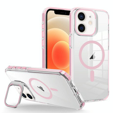 For iPhone 12/12 Pro J2 High Transparent MagSafe Magnetic Frame Holder Phone Case(Pink)
