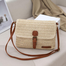 Women Retro Messenger Bag Travel Crossbody Straw Bag(Beige)