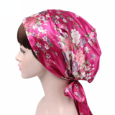 2 PCS TJM-226 Ladies Satin Print Ribbon Bow Turban Hat Night Cap Silk Chemotherapy Hat Long Tail Braid Hat(Rose Red Flower)