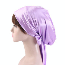 2 PCS TJM-226 Ladies Satin Print Ribbon Bow Turban Hat Night Cap Silk Chemotherapy Hat Long Tail Braid Hat(Light Purple)