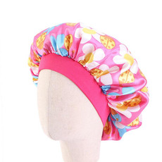 3 PCS K-14 Children Printed Satin Nightcap Adjustable Stretch Hair Care Hat Shower Cap, Size: One Size(Small Flower Deep Pink)