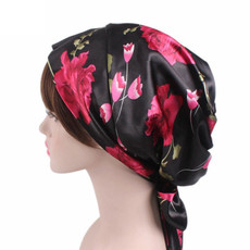 2 PCS TJM-226 Ladies Satin Print Ribbon Bow Turban Hat Night Cap Silk Chemotherapy Hat Long Tail Braid Hat(Big Black Flower)