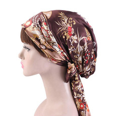 2 PCS TJM-226 Ladies Satin Print Ribbon Bow Turban Hat Night Cap Silk Chemotherapy Hat Long Tail Braid Hat(Brown)