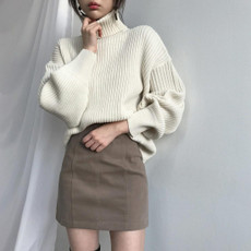 Solid Color Turtleneck Outer Wear Pullover Casual Sweater (Color:Beige Size:Free Size)