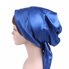 2 PCS TJM-226 Ladies Satin Print Ribbon Bow Turban Hat Night Cap Silk Chemotherapy Hat Long Tail Braid Hat(Royal Blue)