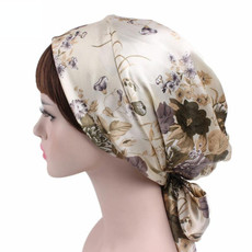 2 PCS TJM-226 Ladies Satin Print Ribbon Bow Turban Hat Night Cap Silk Chemotherapy Hat Long Tail Braid Hat(Big Beige Flower)