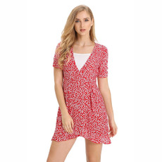 V-neck Floral Lace Up Short Sleeve Dress (Color:Red Size:M) V-neck Floral Lace Up Short Sleeve Dress (Color:Red Size:M)