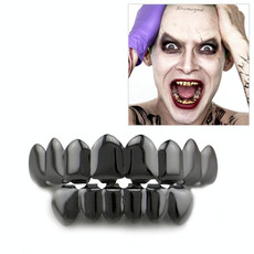 Hip Hop Accessories Gold Tooth Set Real Gold Plating Smooth Upper Eight Lower Six Denture Set(Black)