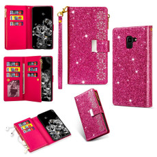 For Samsung Galaxy J6 (2018) Multi-card Slots Starry Sky Laser Carving Glitter Zipper Horizontal Flip Leather Case with Holder & Wallet & Lanyard(Rose Red)