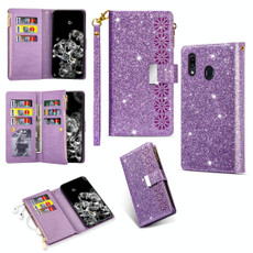 For Samsung Galaxy A30 / A20 Multi-card Slots Starry Sky Laser Carving Glitter Zipper Horizontal Flip Leather Case with Holder & Wallet & Lanyard(Purple)
