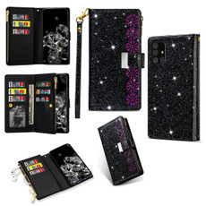 For Samsung Galaxy A71 Multi-card Slots Starry Sky Laser Carving Glitter Zipper Horizontal Flip Leather Case with Holder & Wallet & Lanyard(Black)