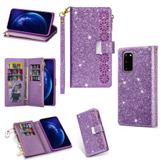 For Samsung Galaxy S20 Ultra Multi-card Slots Starry Sky Laser Carving Glitter Zipper Horizontal Flip Leather Case with Holder & Wallet & Lanyard(Purple)