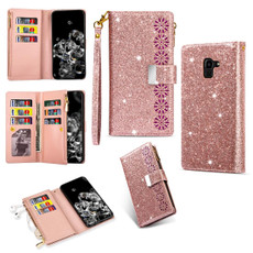 For Samsung Galaxy J6 (2018) Multi-card Slots Starry Sky Laser Carving Glitter Zipper Horizontal Flip Leather Case with Holder & Wallet & Lanyard(Rose Gold)
