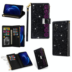 For Samsung Galaxy Note10 Multi-card Slots Starry Sky Laser Carving Glitter Zipper Horizontal Flip Leather Case with Holder & Wallet & Lanyard(Black)